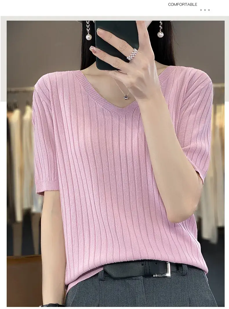 Summer Women Knitted V-Neck T-Shirt Beige — feature 34