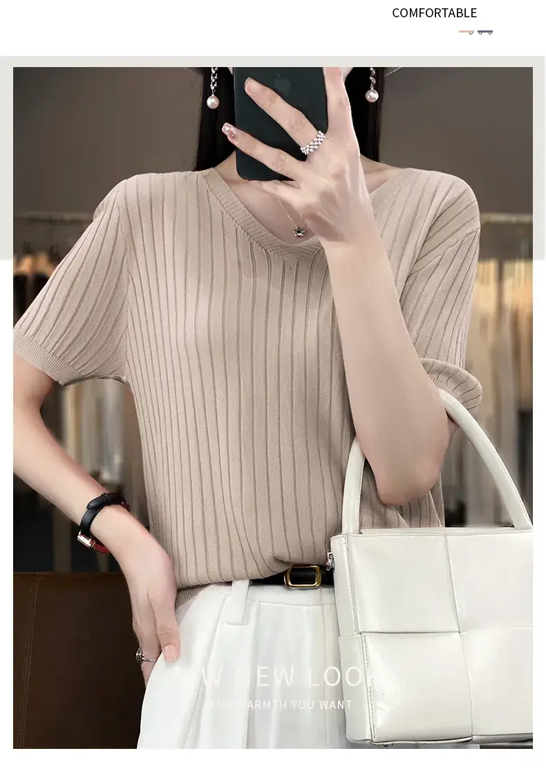 Summer Women Knitted V-Neck T-Shirt Beige — feature 35