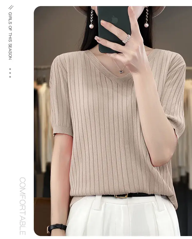 Summer Women Knitted V-Neck T-Shirt Beige — feature 36