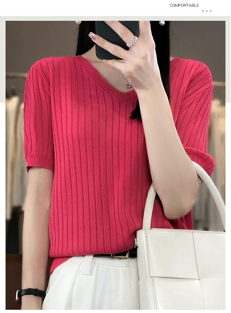 Summer Women Knitted V-Neck T-Shirt Beige — feature 37
