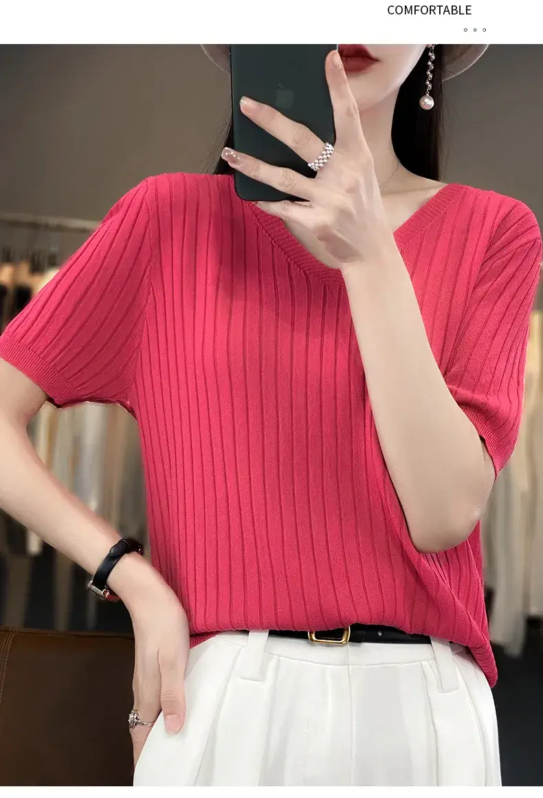 Summer Women Knitted V-Neck T-Shirt Beige — feature 38