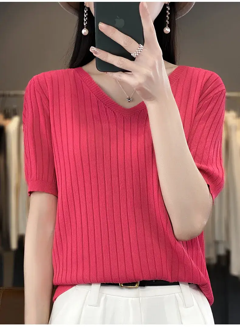 Summer Women Knitted V-Neck T-Shirt Beige — feature 39
