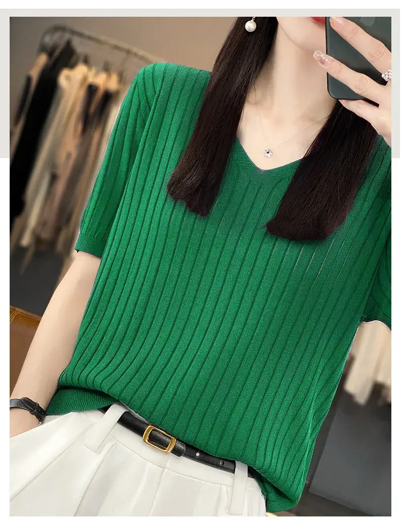 Summer Women Knitted V-Neck T-Shirt Beige — feature 41