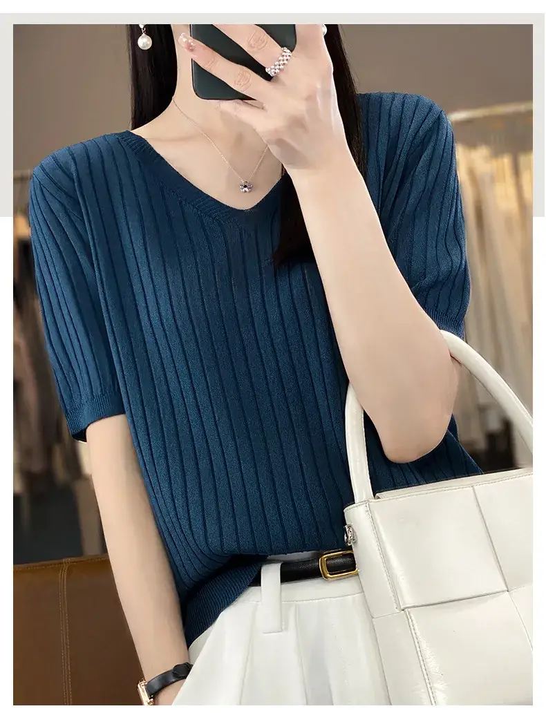 Summer Women Knitted V-Neck T-Shirt Beige — feature 42