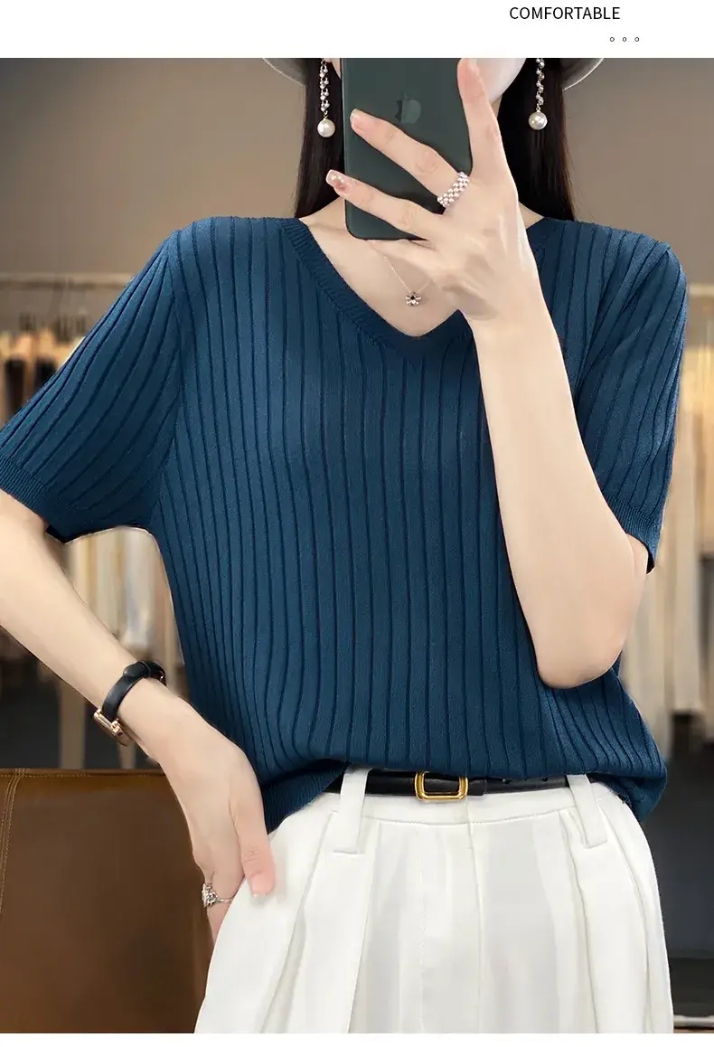Summer Women Knitted V-Neck T-Shirt Beige — feature 43