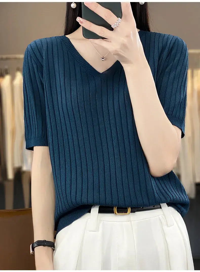 Summer Women Knitted V-Neck T-Shirt Beige — feature 44