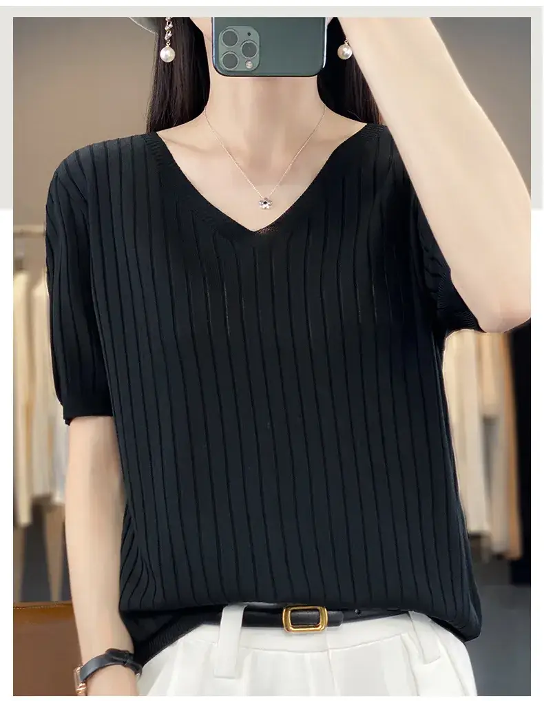 Summer Women Knitted V-Neck T-Shirt Beige — feature 45
