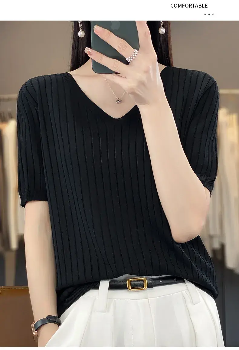 Summer Women Knitted V-Neck T-Shirt Beige — feature 46