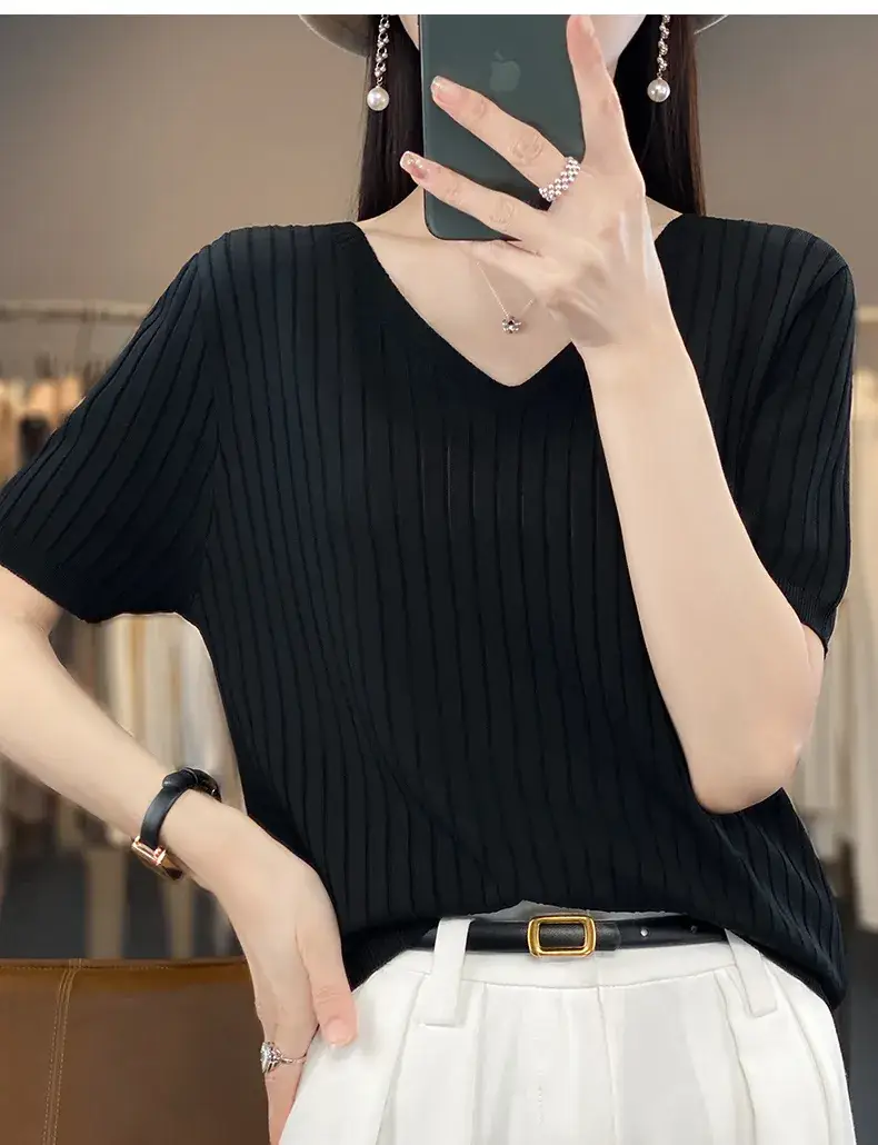 Summer Women Knitted V-Neck T-Shirt Beige — feature 47