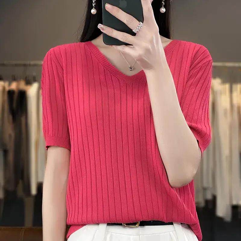 Summer Women Knitted V-Neck T-Shirt Beige