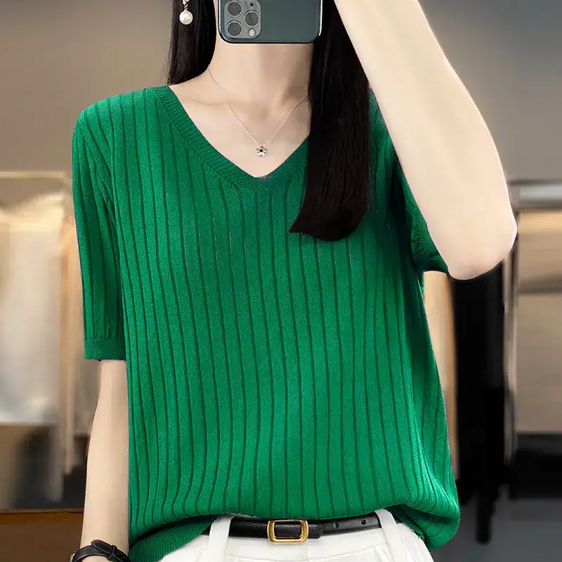 Summer Women Knitted V-Neck T-Shirt Beige