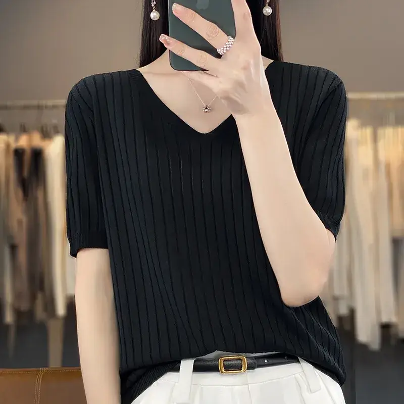 Summer Women Knitted V-Neck T-Shirt Beige