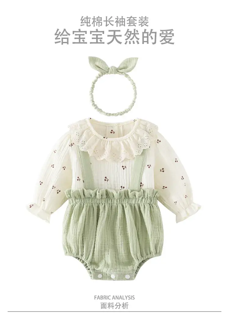 Baby Girl Green Embroidered Two-Piece Set with Bow Headband — feature 2