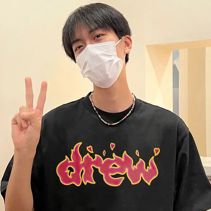 Black Crewneck T-Shirt with "Drew" Flame Graphic - Image 2