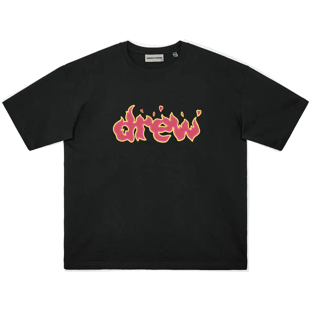 Black Crewneck T-Shirt with "Drew" Flame Graphic - Image 6
