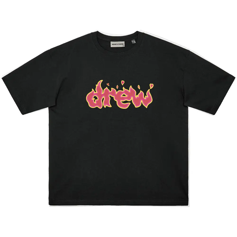Black Crewneck T-Shirt with "Drew" Flame Graphic — feature 6