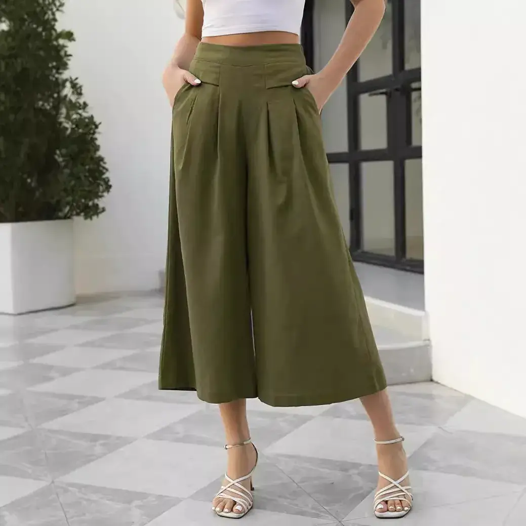 Women's Wide Leg Cotton Culottes with Flap Pocket - Image 6