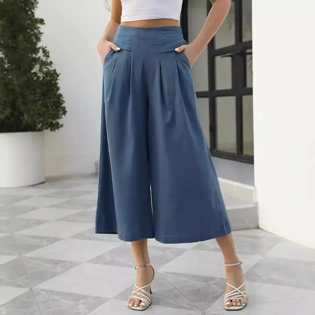 Women's Wide Leg Cotton Culottes with Flap Pocket - Image 8