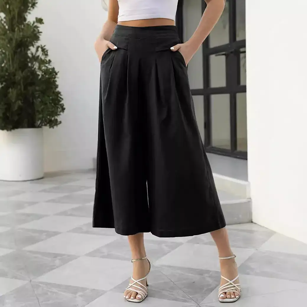 Women's Wide Leg Cotton Culottes with Flap Pocket - Image 9