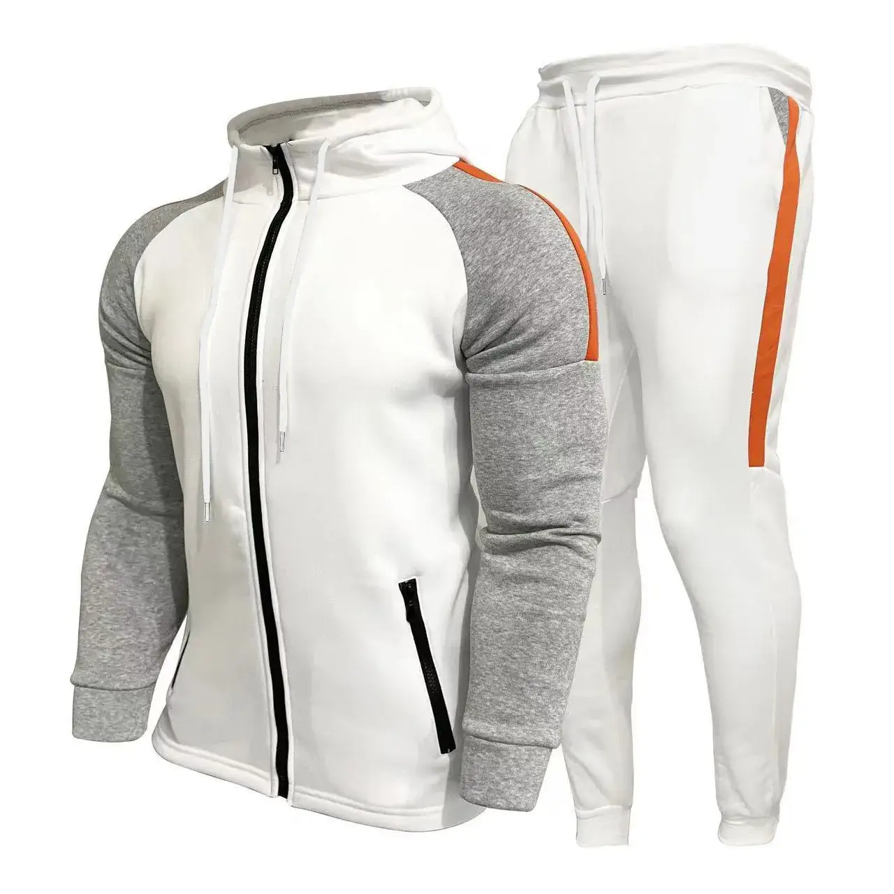 Men Grey Black Hooded Track Suit Set with Orange Stripe - Image 9