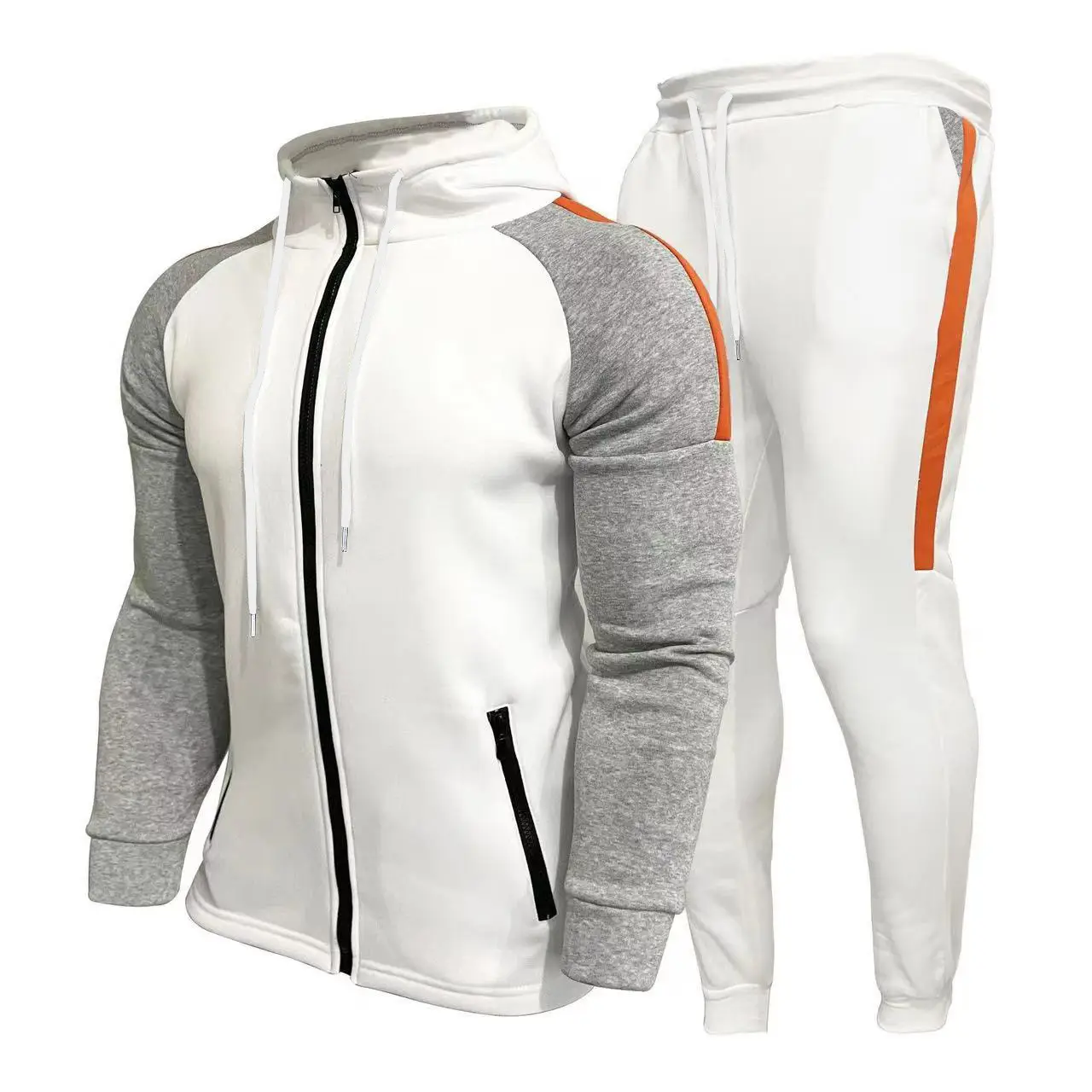 Men Grey Black Hooded Track Suit Set with Orange Stripe — feature 2