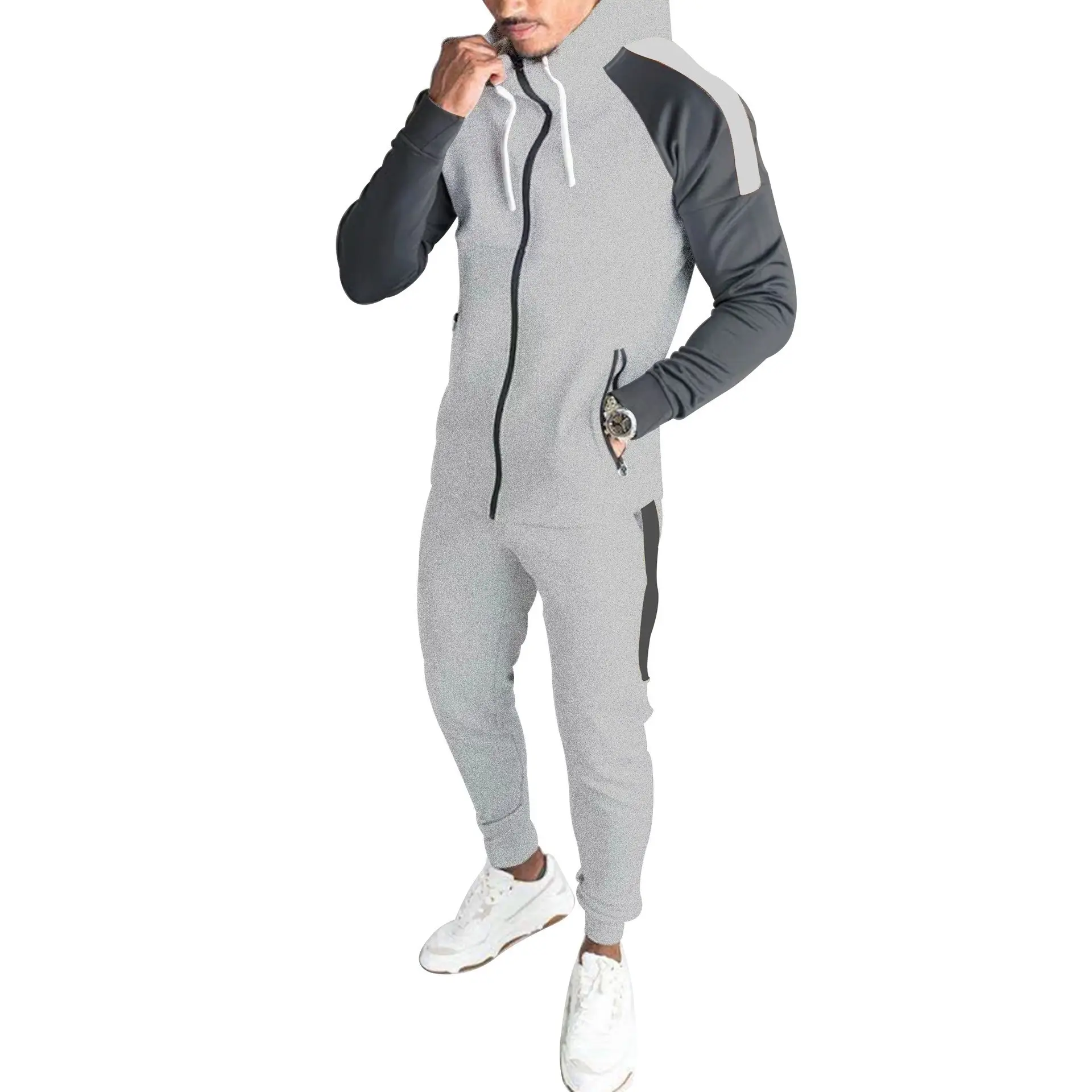 Men Grey Black Hooded Track Suit Set with Orange Stripe — feature 4