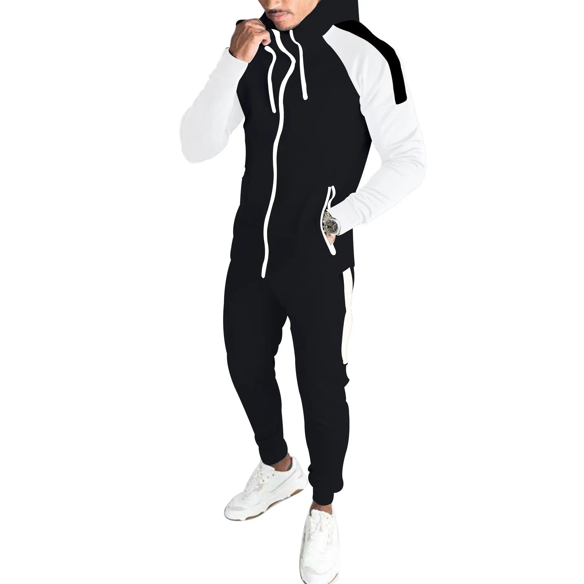 Men Grey Black Hooded Track Suit Set with Orange Stripe — feature 6