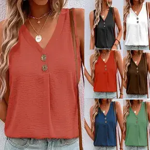 Brown V-Neck Sleeveless Tank Top with Button Front — feature 1