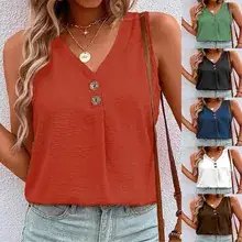 Brown V-Neck Sleeveless Tank Top with Button Front — feature 51