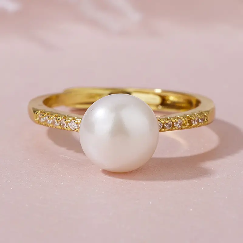 Japanese Korean Pearl Ring Gold Diamond Band - Image 2