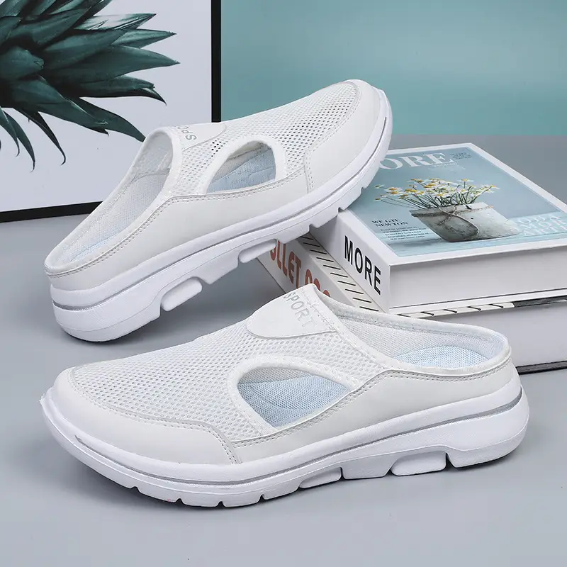 2023 Amazon Korean Style Large Size Casual Shoes Half Shoes Women's Shoes Single Shoes Men's Thick Sole Slip-on Sandals Mesh Half Slippers