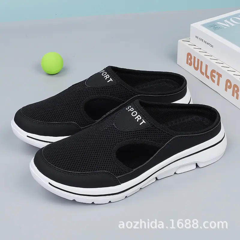2023 Amazon Korean Style Large Size Casual Shoes Half Shoes Women's Shoes Single Shoes Men's Thick Sole Slip-on Sandals Mesh Half Slippers