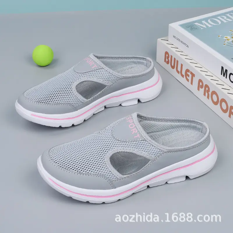 2023 Amazon Korean Style Large Size Casual Shoes Half Shoes Women's Shoes Single Shoes Men's Thick Sole Slip-on Sandals Mesh Half Slippers