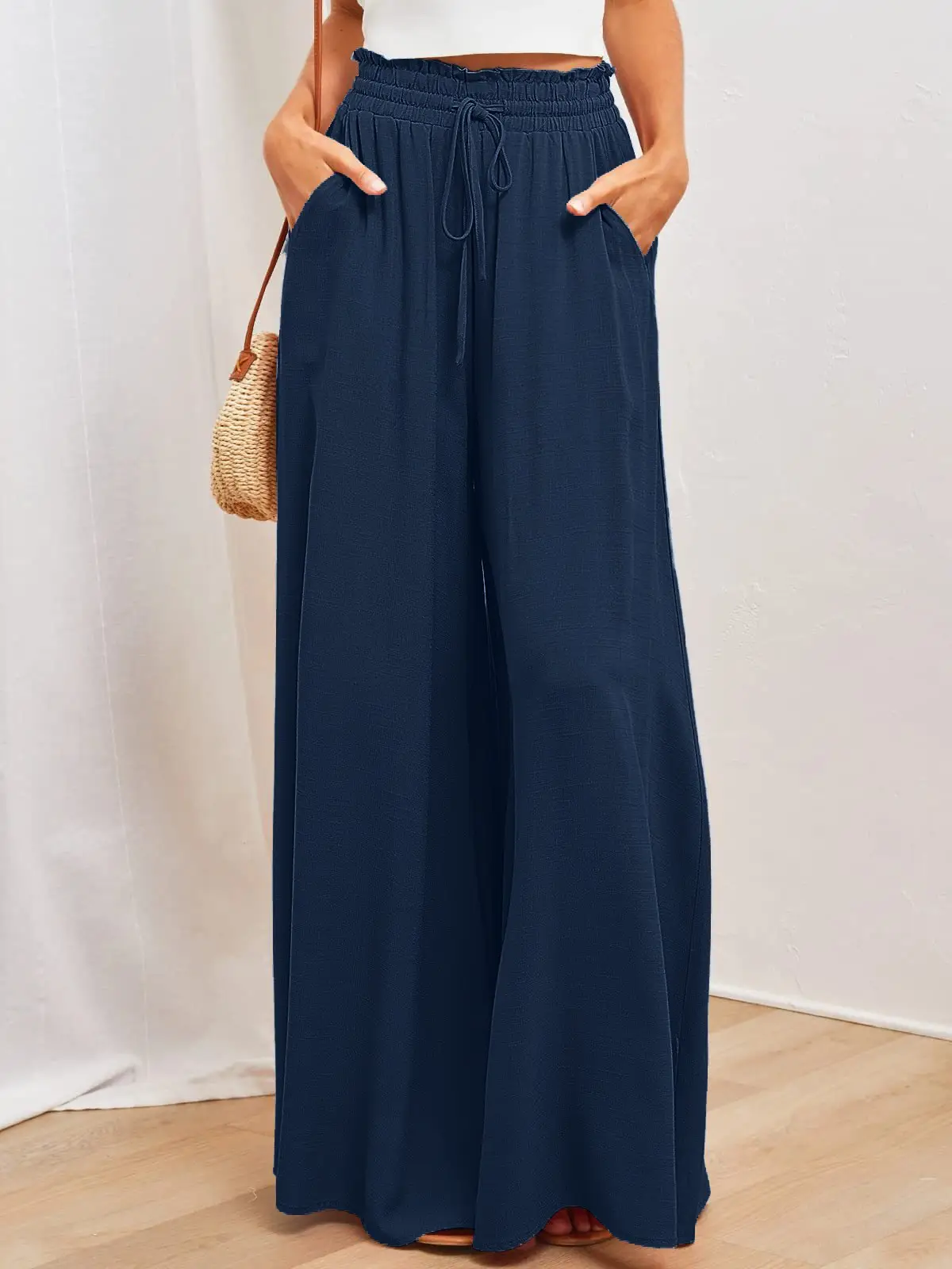 Wide Leg Trousers for Women Green Elastic Waist