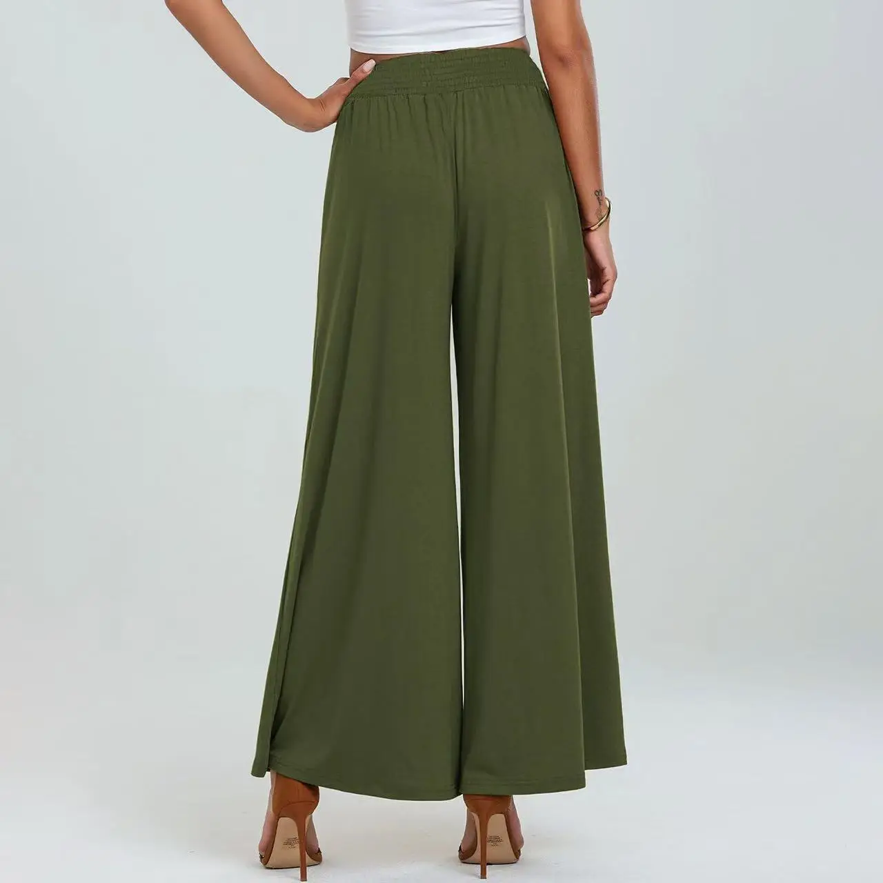 Wide Leg Trousers for Women Green Elastic Waist