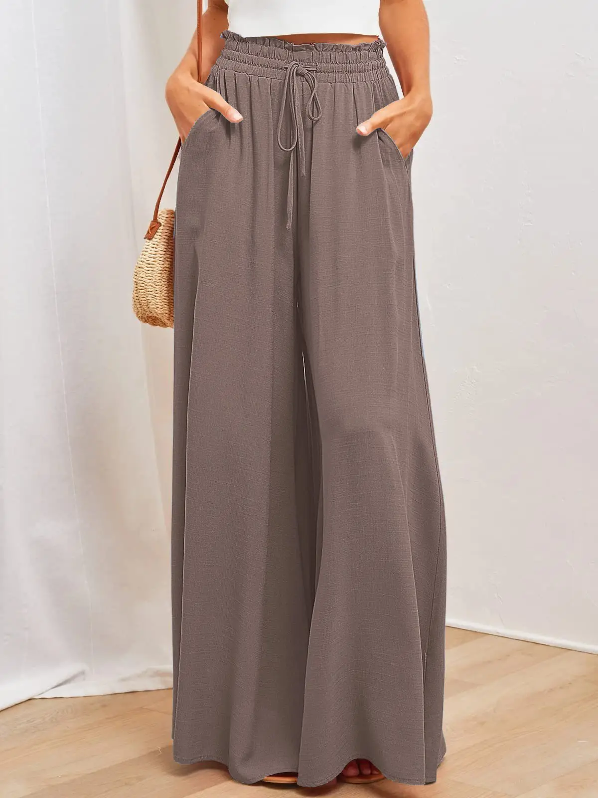 Wide Leg Trousers for Women Green Elastic Waist
