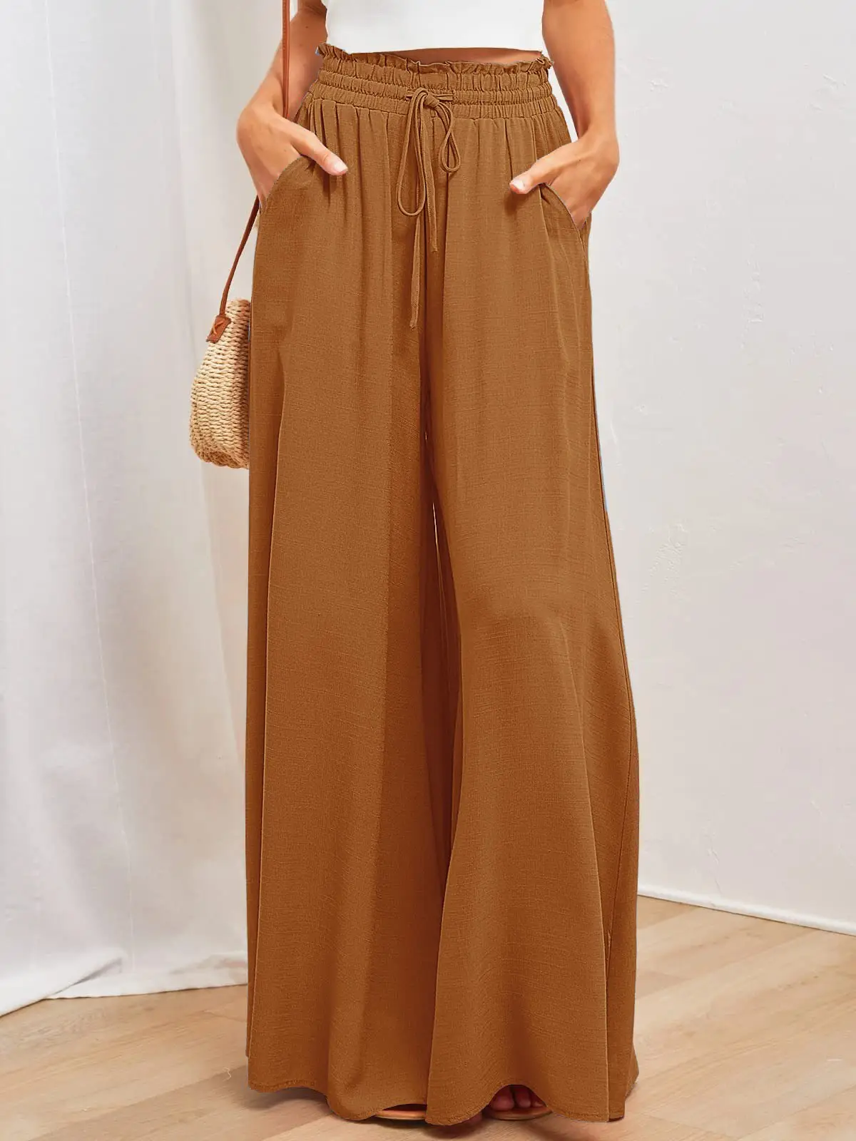 Wide Leg Trousers for Women Green Elastic Waist