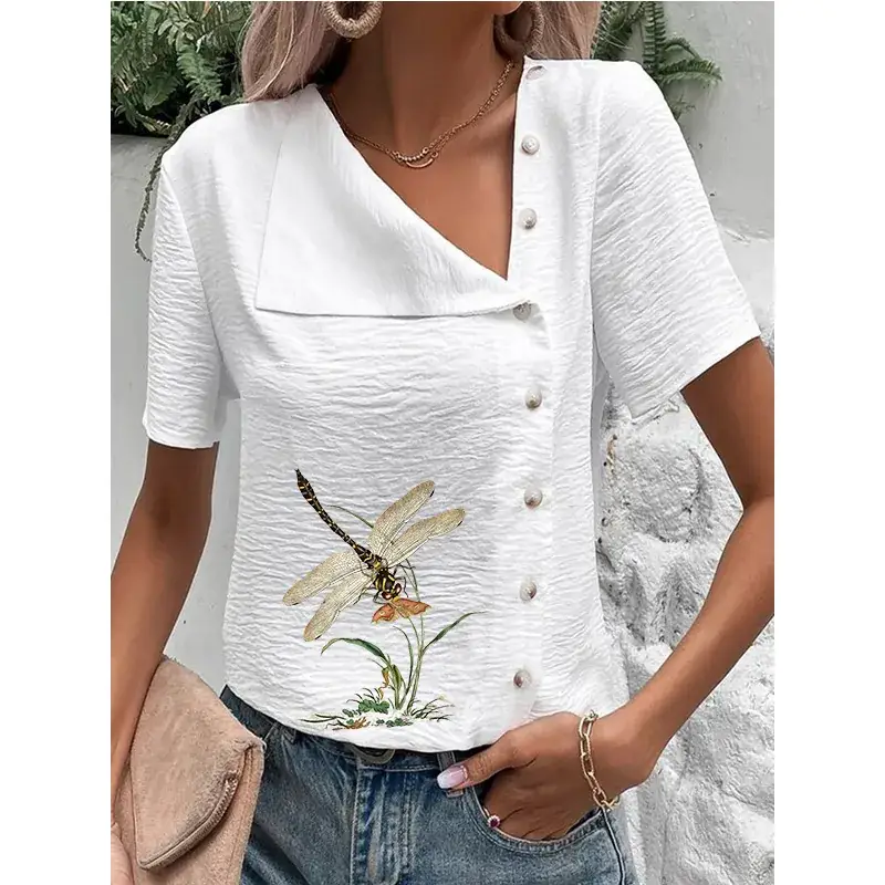 Women's Green Floral Button Top Large Cotton Linen Short Sleeve - Image 11
