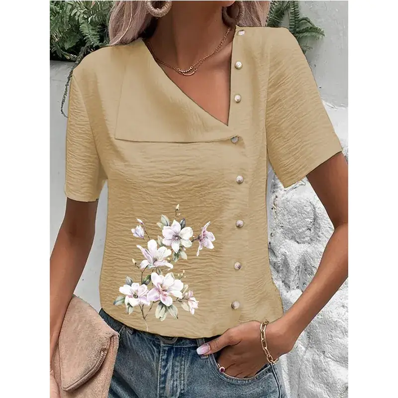 Women's Green Floral Button Top Large Cotton Linen Short Sleeve - Image 8