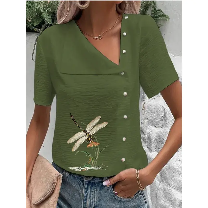 Women's Green Floral Button Top Large Cotton Linen Short Sleeve - Image 2