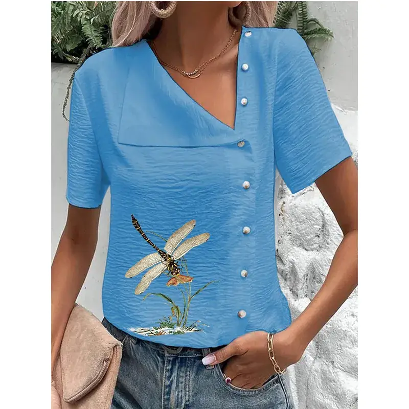 Women's Green Floral Button Top Large Cotton Linen Short Sleeve - Image 3