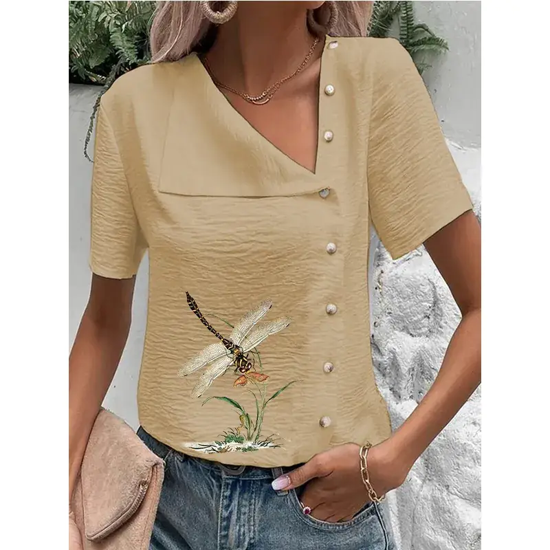 Women's Green Floral Button Top Large Cotton Linen Short Sleeve - Image 4