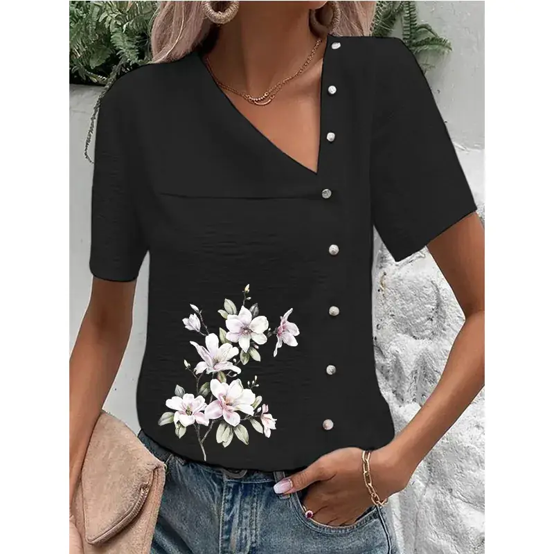 Women's Green Floral Button Top Large Cotton Linen Short Sleeve - Image 5