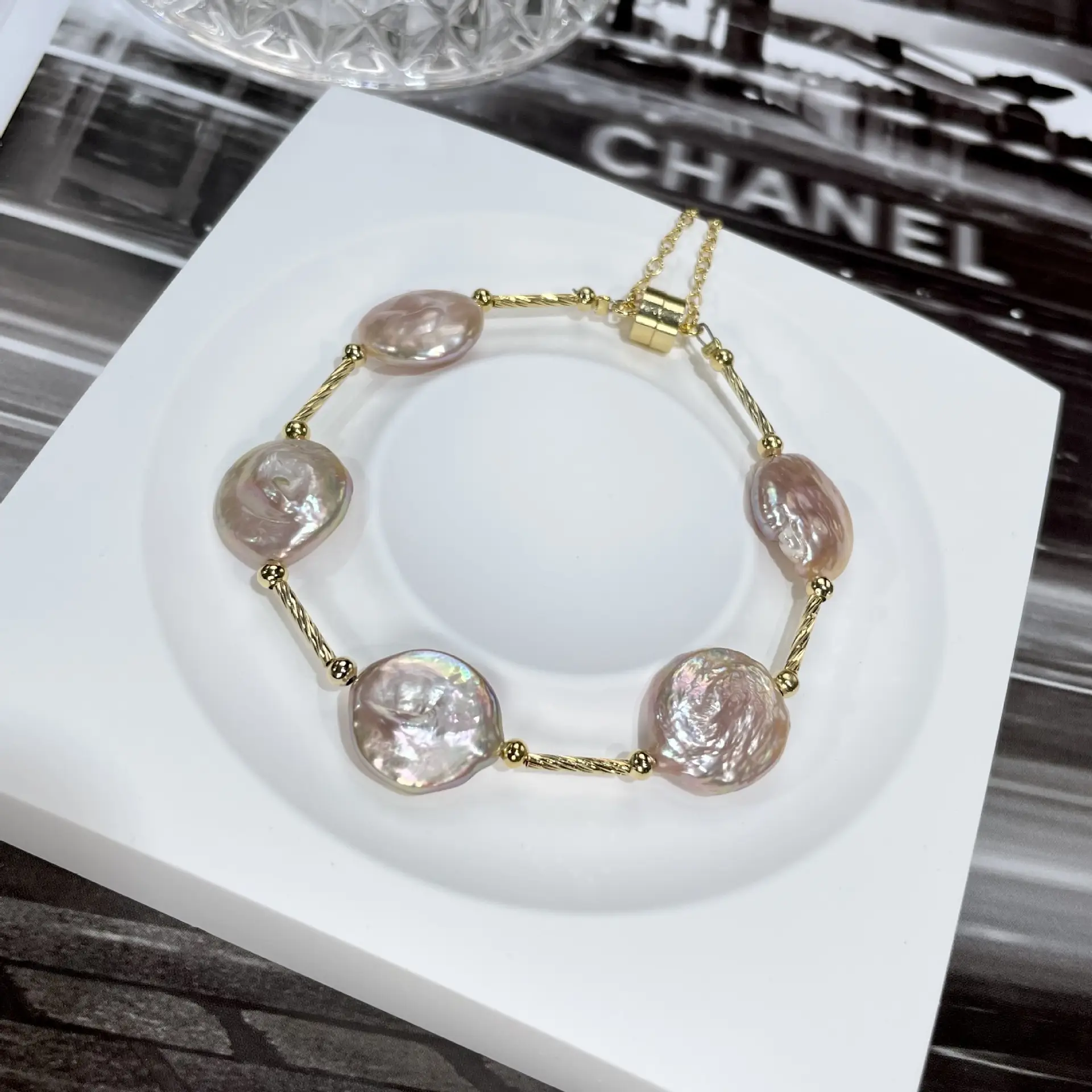 Elegant Pearl Bracelet with Gold Plated Chain - Image 3