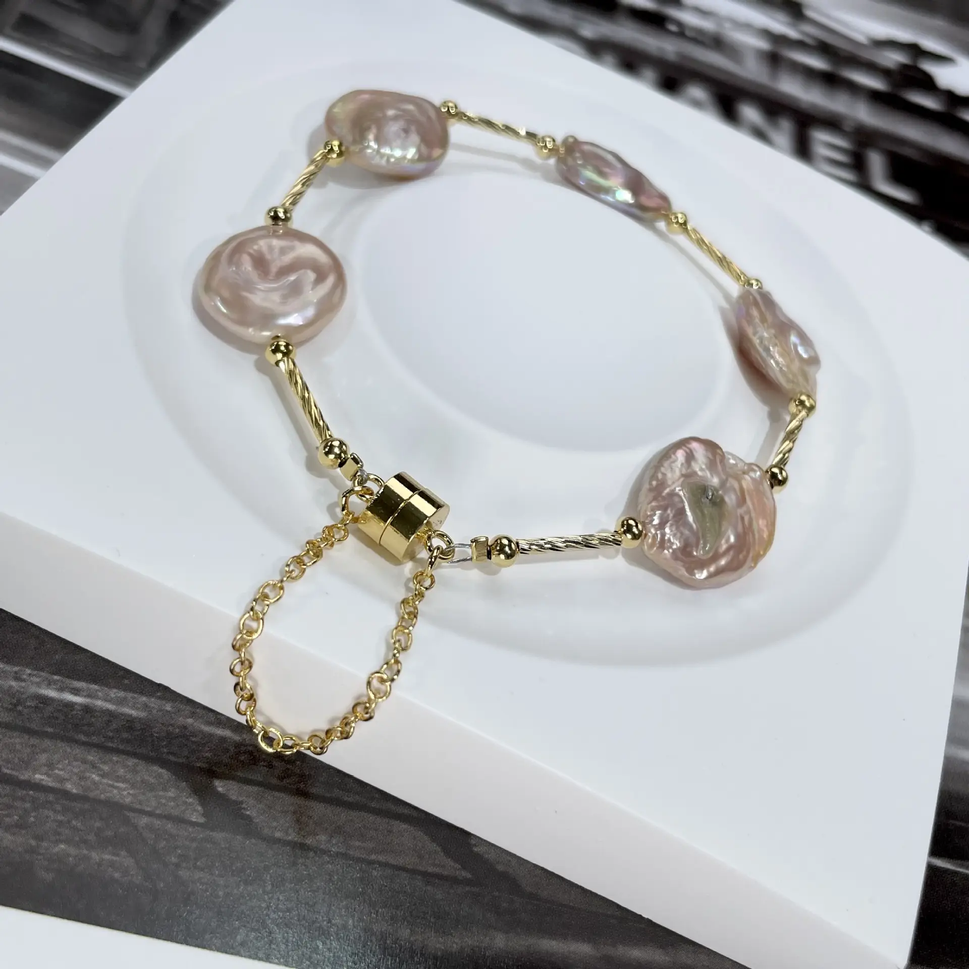 Elegant Pearl Bracelet with Gold Plated Chain - Image 4