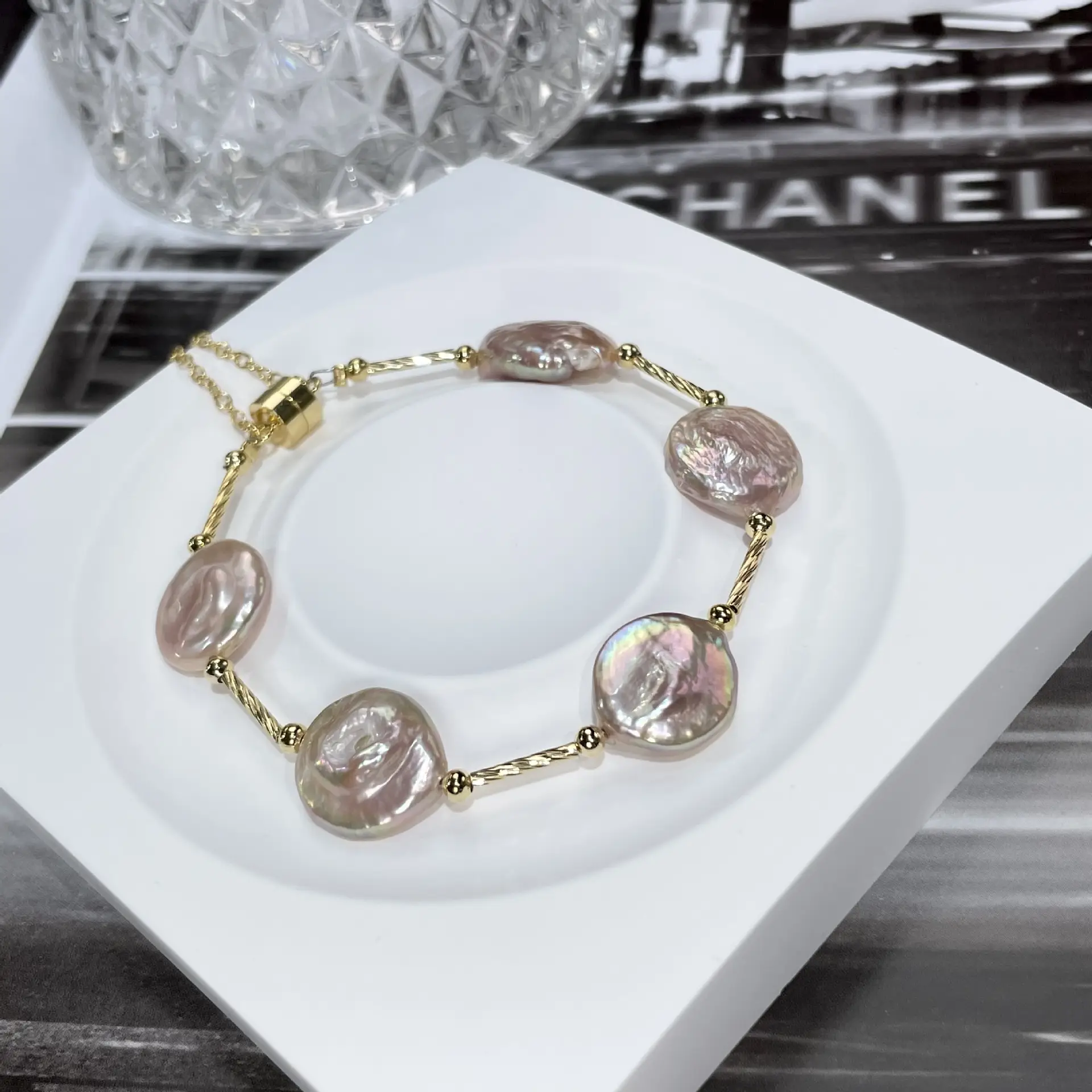 Elegant Pearl Bracelet with Gold Plated Chain - Image 5