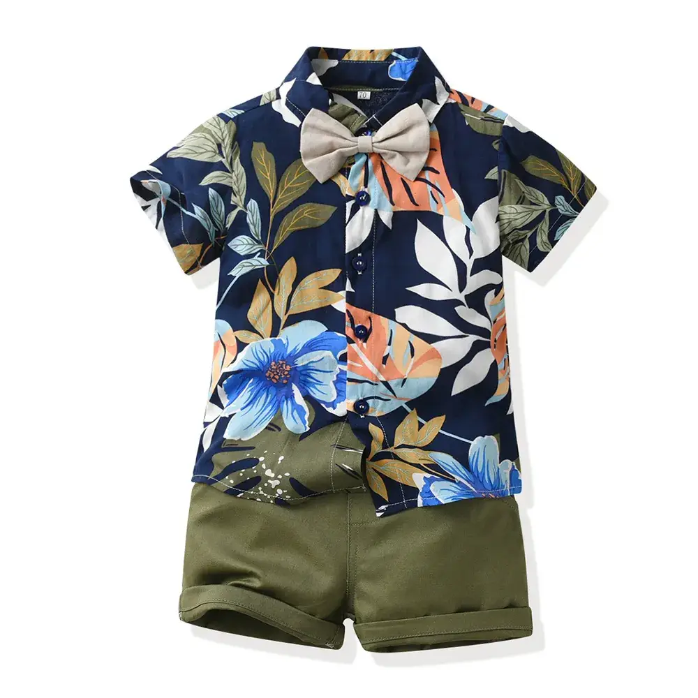 Boys Summer Suit Flower Shirt Short Sleeve Cotton Shorts - Image 15