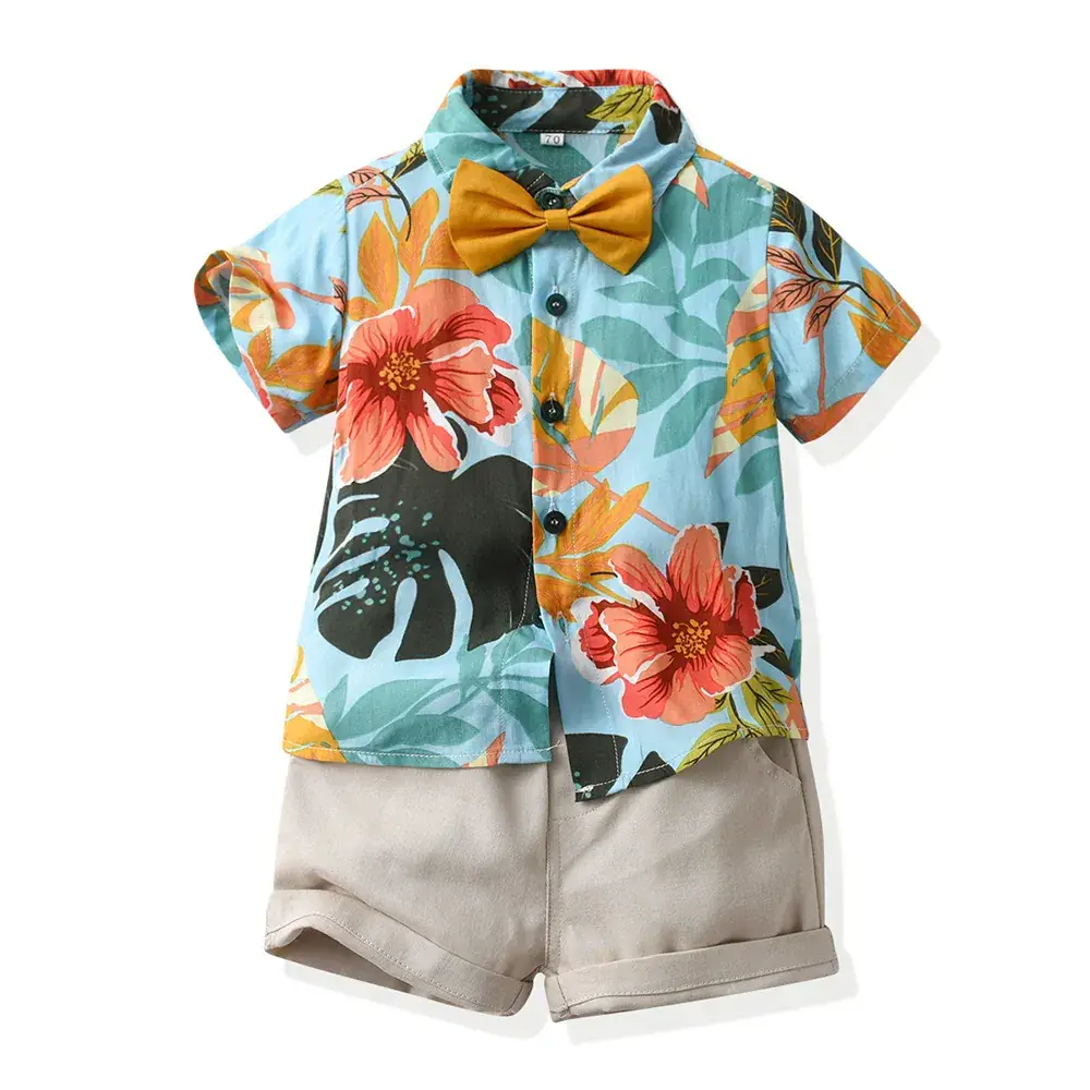 Boys Summer Suit Flower Shirt Short Sleeve Cotton Shorts - Image 17