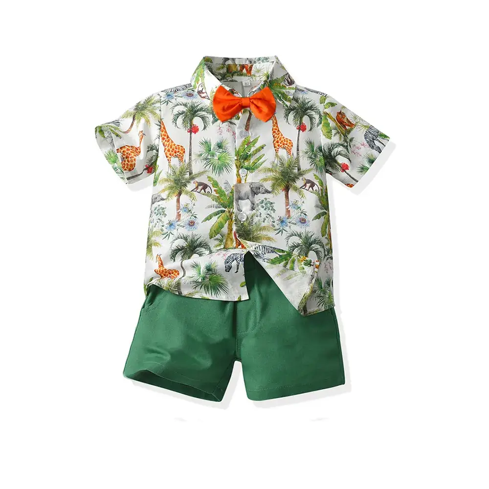 Boys Summer Suit Flower Shirt Short Sleeve Cotton Shorts - Image 11