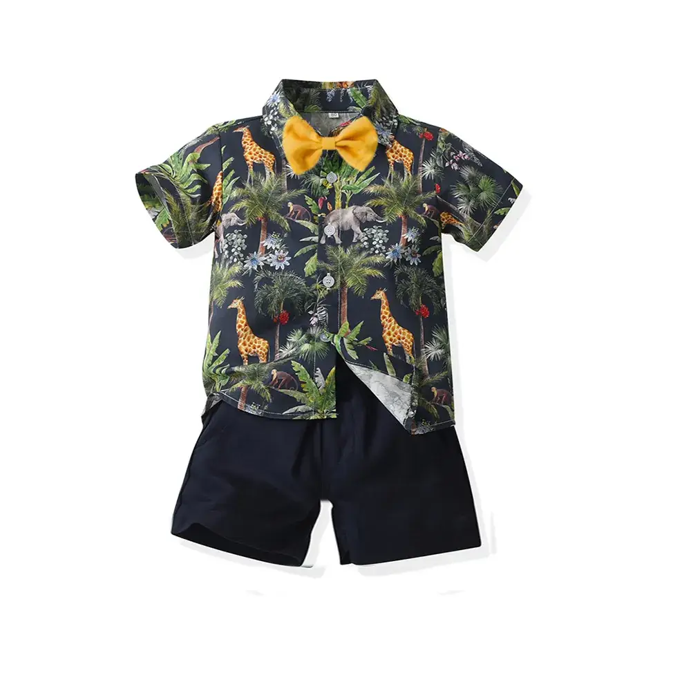 Boys Summer Suit Flower Shirt Short Sleeve Cotton Shorts - Image 12